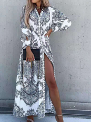 Casual Print Split Joint Turndown Collar Shirt Dress Maxi Dresses