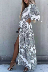 Casual Print Split Joint Turndown Collar Shirt Dress Maxi Dresses