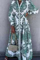 Casual Print Split Joint Turndown Collar Shirt Dress Maxi Dresses