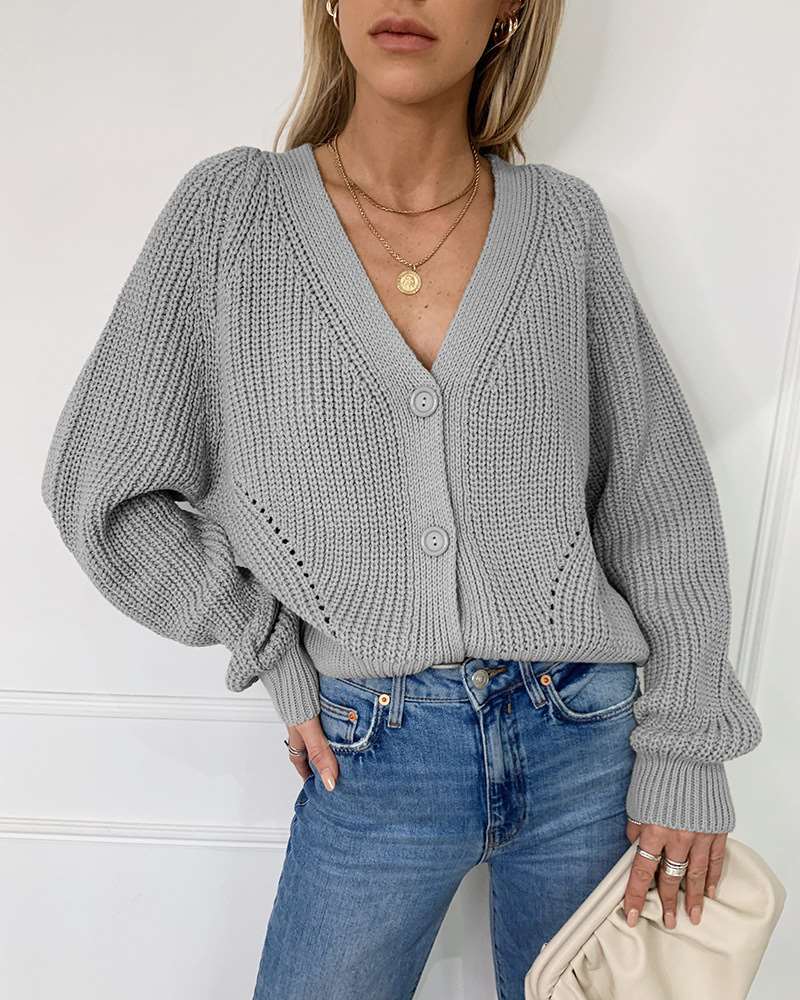 Casual Pure V neck Puff sleeve Knit Sweaters Cardigan