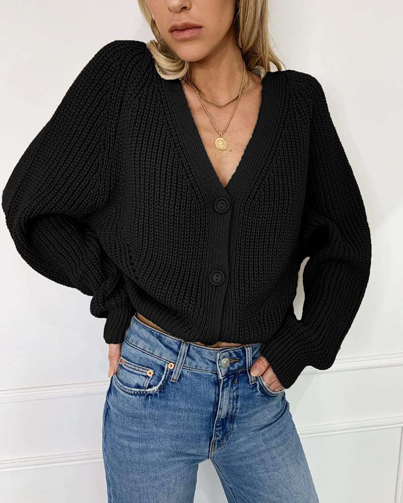 Casual Pure V neck Puff sleeve Knit Sweaters Cardigan