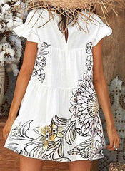 Casual Print Round neck Short sleeve Falbala Shift Dresses