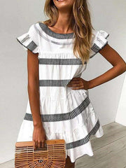 Casual Round neck Short sleeve Stripe Falbala Shift Dresses