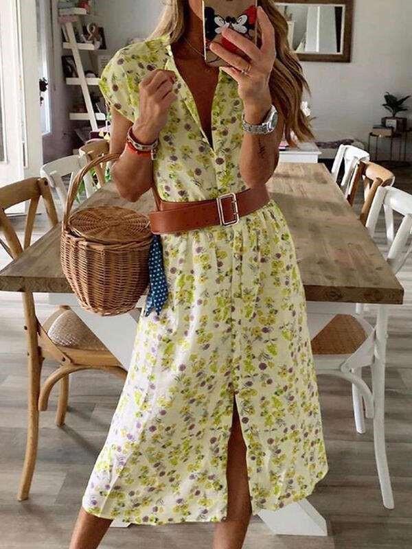 Fashion Print Round neck Short sleeve Belt Maxi Dresses
