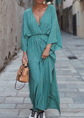 Casual Print Patchwork V Neck Waist Maxi Dresses
