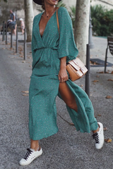 Casual Print Patchwork V Neck Waist Maxi Dresses