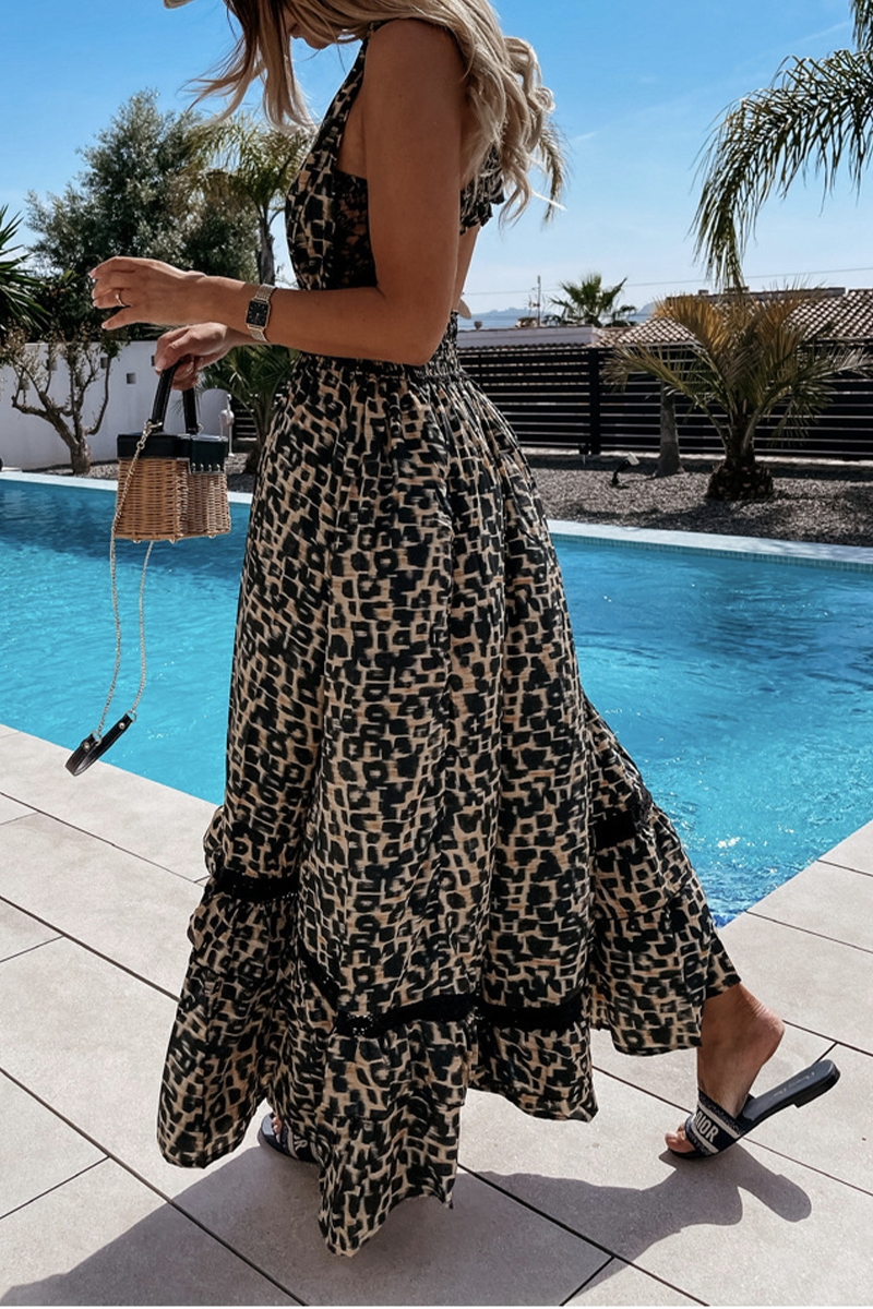 Casual Leopard Split Joint V Neck Cake Skirt Dresses