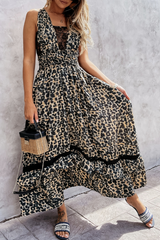 Casual Leopard Split Joint V Neck Cake Skirt Dresses