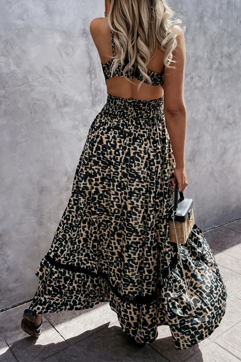 Casual Leopard Split Joint V Neck Cake Skirt Dresses