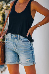 Casual Solid Split Joint Mid Waist Straight Denim Shorts