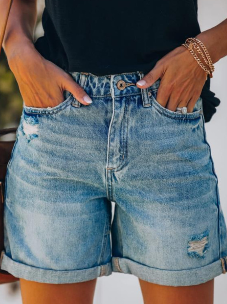 Casual Solid Split Joint Mid Waist Straight Denim Shorts