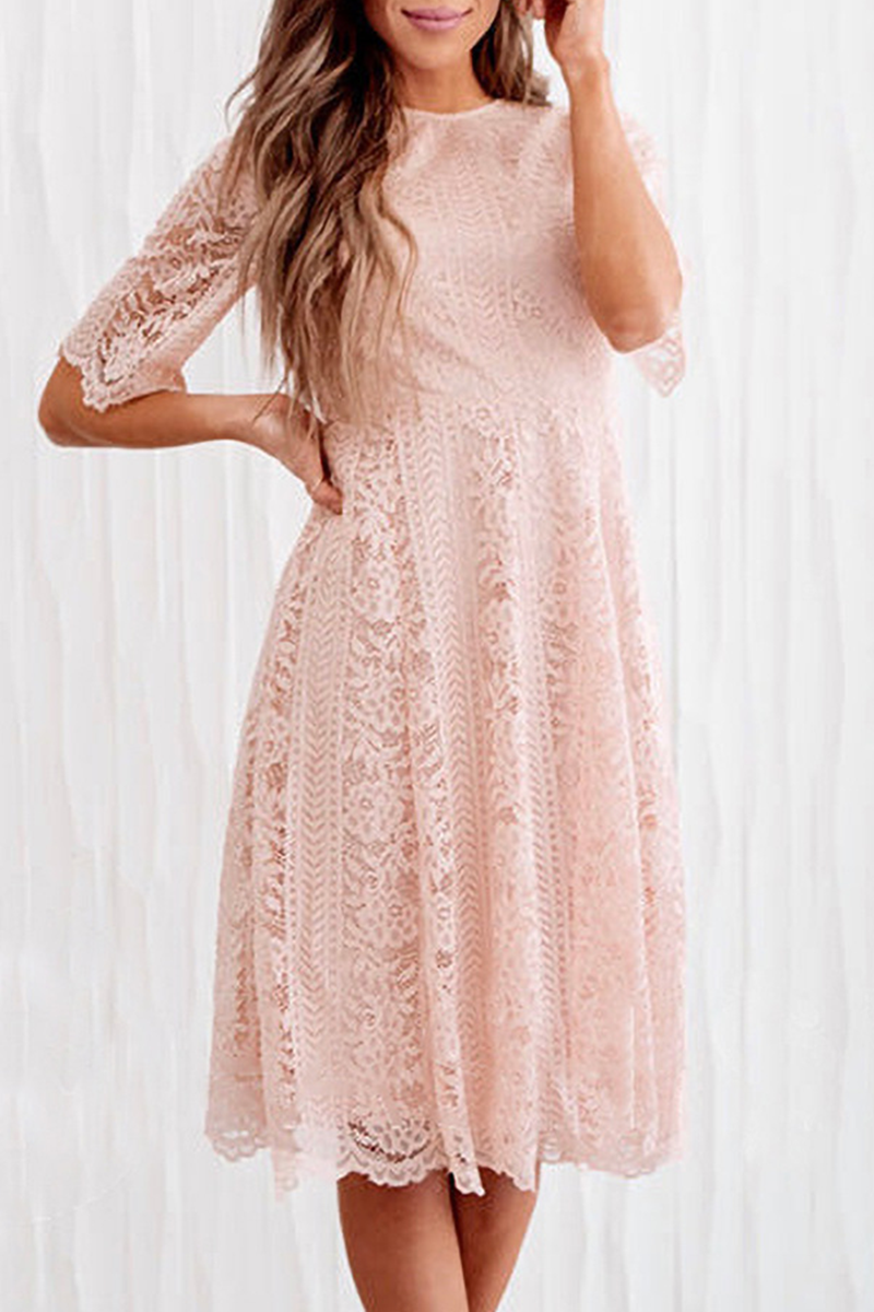 Casual Solid Lace O Neck Cake Skirt Skater Dresses