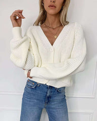 Casual Pure V neck Puff sleeve Knit Sweaters Cardigan