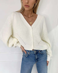 Casual Pure V neck Puff sleeve Knit Sweaters Cardigan