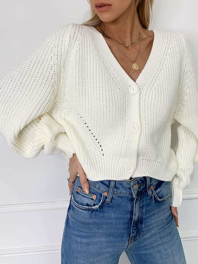 Casual Pure V neck Puff sleeve Knit Sweaters Cardigan