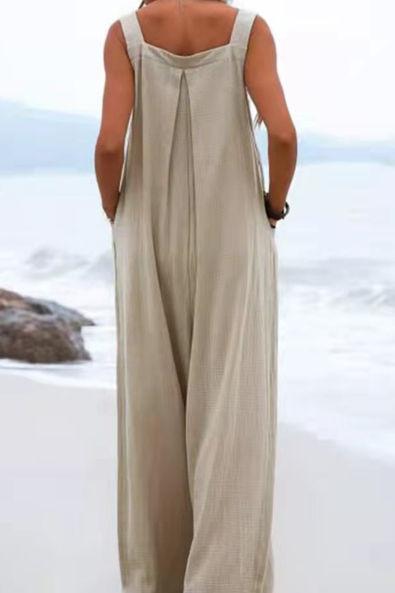 Casual Solid Split Joint Square Collar Loose Jumpsuits