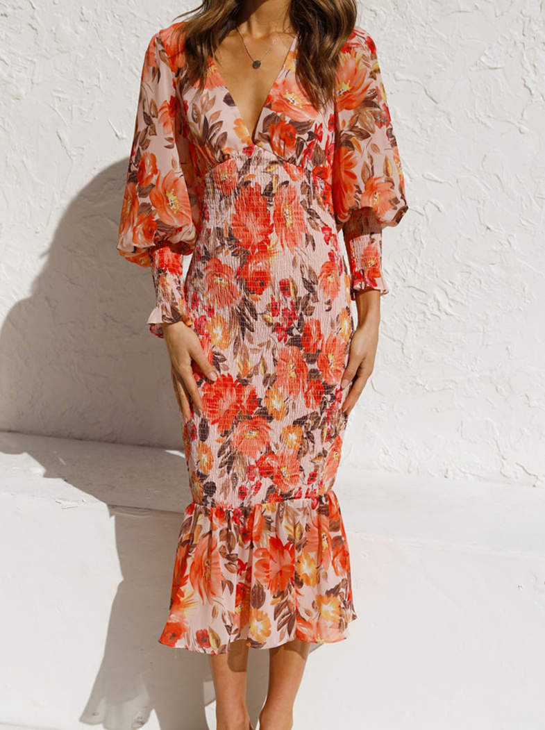 Fashion Print Split Joint V Neck Trumpet Mermaid Dresses