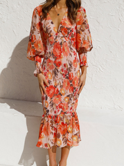 Fashion Print Split Joint V Neck Trumpet Mermaid Dresses