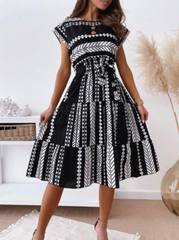 Casual Print Split Joint O Neck Waist Skirt Dresses