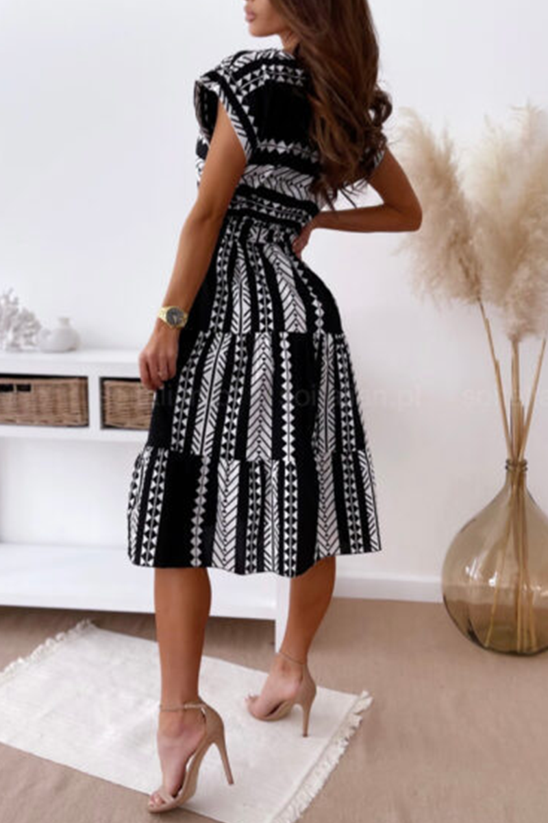 Casual Print Split Joint O Neck Waist Skirt Dresses