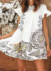 Casual Print Round neck Short sleeve Falbala Shift Dresses