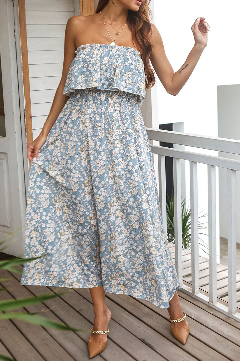 Casual Print Split Joint Strapless Cake Skirt Dresses Vacation Dresses