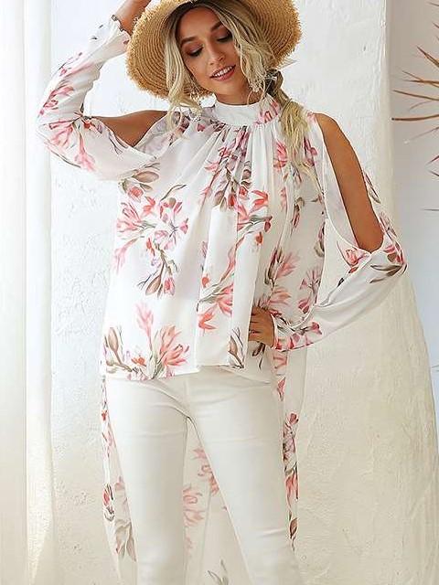 Fashion Print Off shoulder Long sleeve Stand collar Irregular Blouses