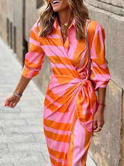 Fashion Print Split Joint Turndown Collar Shirt Dress Maxi Dresses