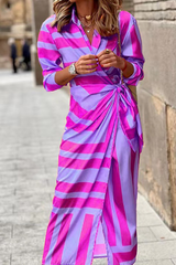 Fashion Print Split Joint Turndown Collar Shirt Dress Maxi Dresses