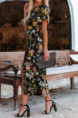 Fashion Print Slit O Neck Irregular Dress Maxi Dresses