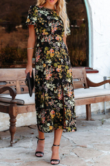 Fashion Print Slit O Neck Irregular Dress Maxi Dresses