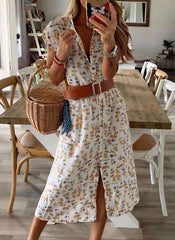 Fashion Print Round neck Short sleeve Belt Maxi Dresses