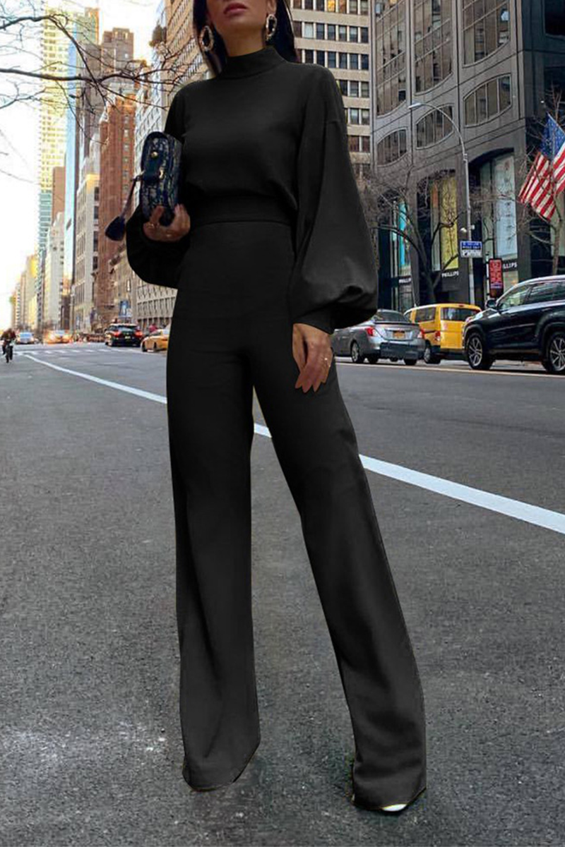 Casual Solid Patchwork Half A Turtleneck Straight Jumpsuits