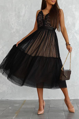 Casual Patchwork Lace Spaghetti Strap Cake Skirt Dresses Evening Dresses