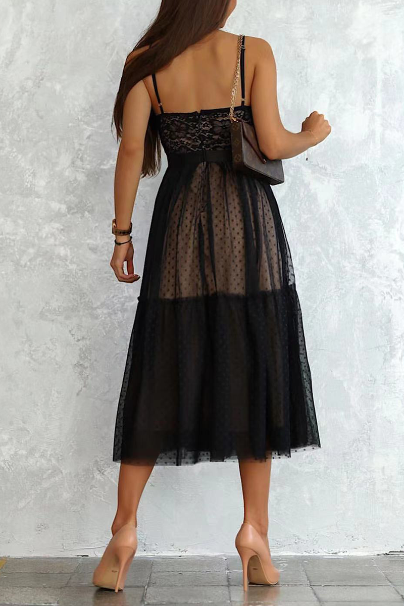 Casual Patchwork Lace Spaghetti Strap Cake Skirt Dresses Evening Dresses