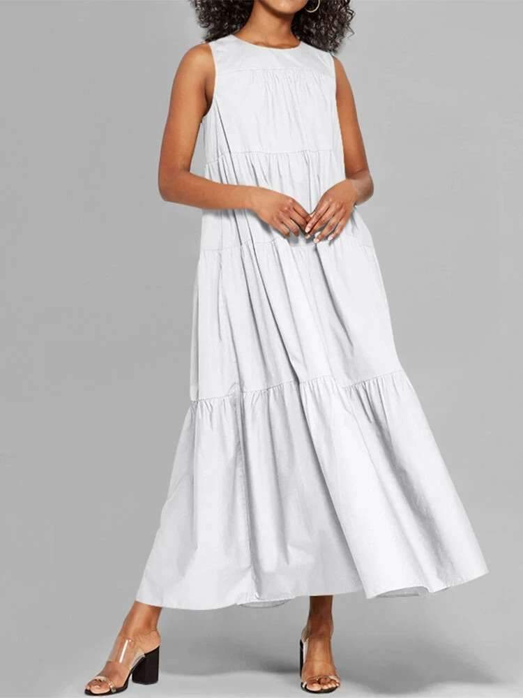 Casual Pure Round neck Sleeveless Gored Maxi Dresses