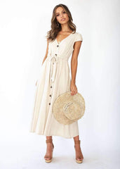 Fashion Pure V neck Short sleeve Fastener Maxi Dresses