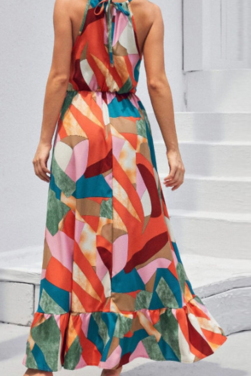 Fashion Print Split Joint Halter Cake Skirt Dresses Maxi Dresses