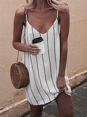 Chic Summer Strip Printed White Strap Shift Dresses
