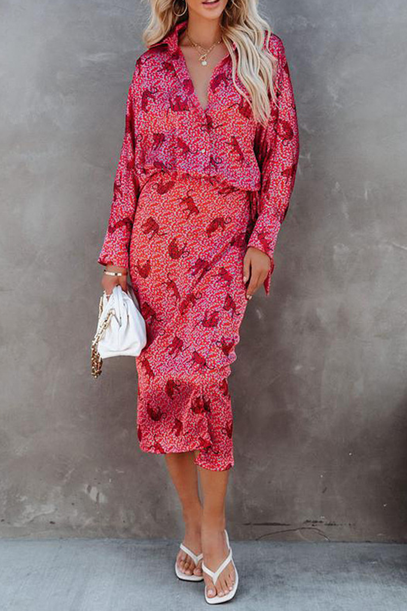 Casual Print Split Joint Turndown Collar Shirt Dress Bodycon Dresses