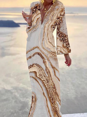Casual Print Patchwork V Neck Trumpet Mermaid Dresses Maxi Dresses