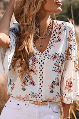 Casual Print Split Joint V Neck Tops Blouses
