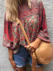 Casual Loose Retro print Round neck Long sleeve T-Shirts