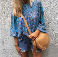 Casual Loose Retro print Round neck Long sleeve T-Shirts