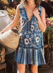 Casual Print V neck Sleeveless Falbala Shift Dresses