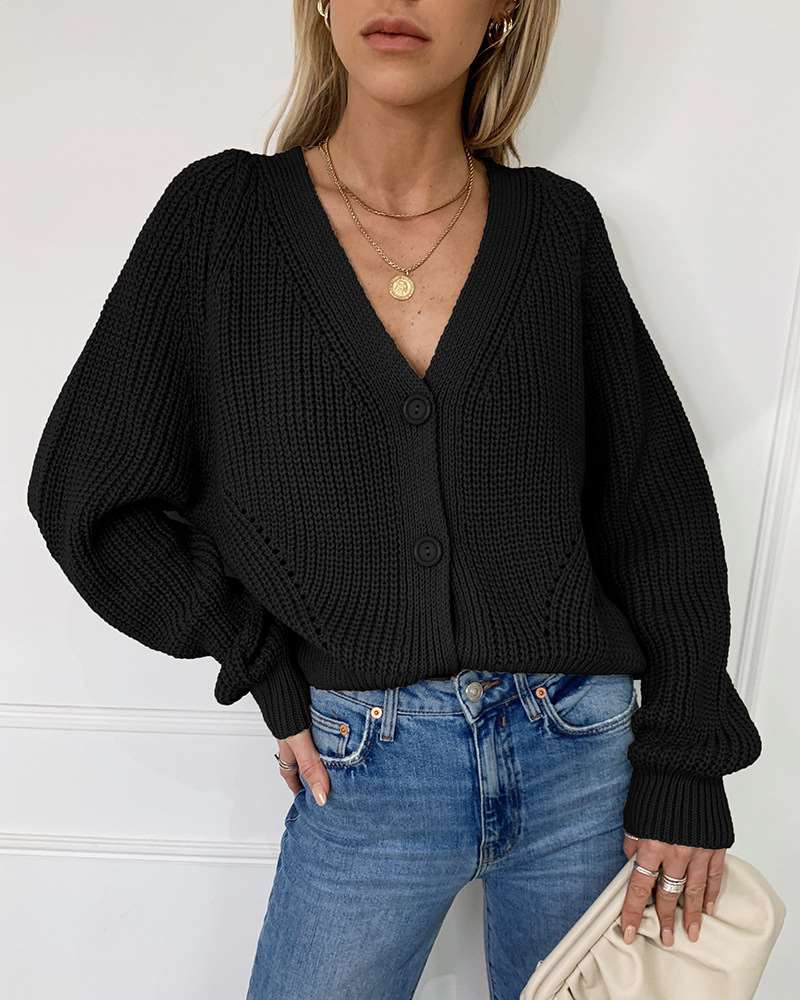 Casual Pure V neck Puff sleeve Knit Sweaters Cardigan