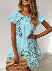 Casual Print Round neck Short sleeve Falbala Shift Dresses