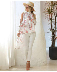 Fashion Print Off shoulder Long sleeve Stand collar Irregular Blouses