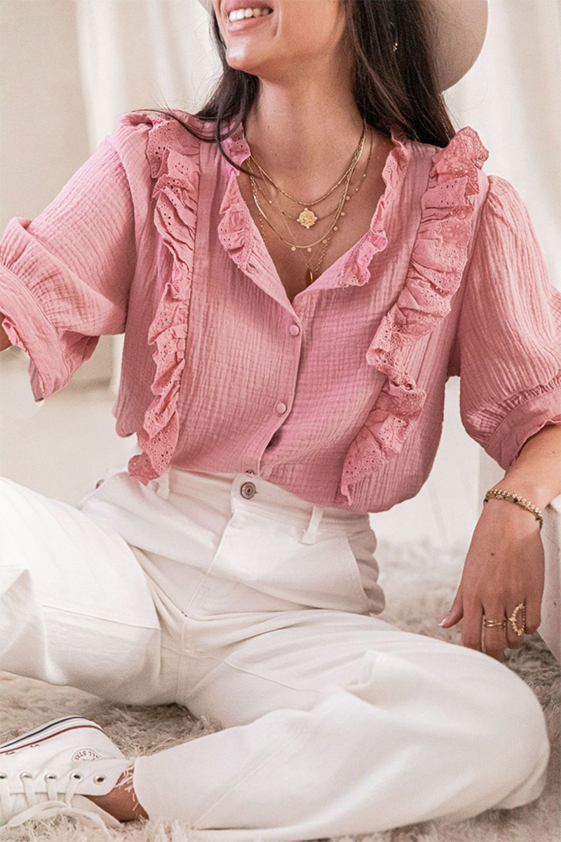 Casual Solid Lace Turndown Collar Tops Blouses