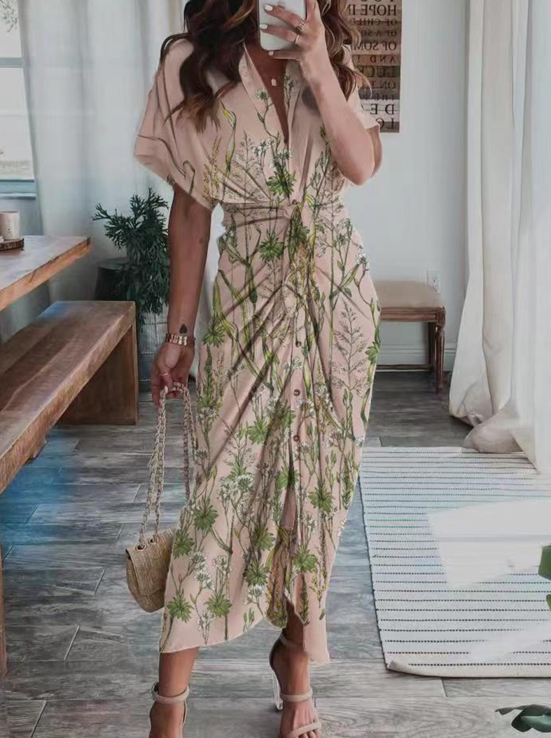 Casual Print Patchwork Turndown Collar Shirt Dress Dresses(4 Colors)